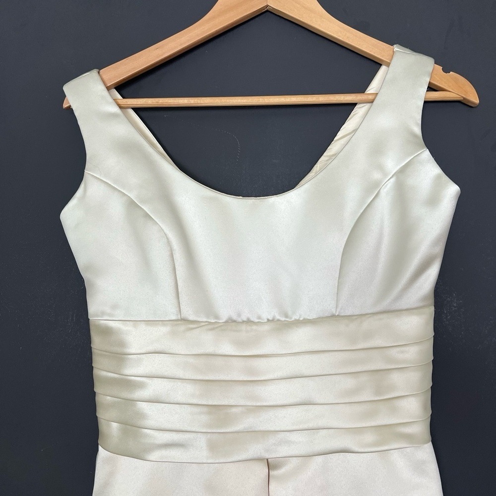 Womens Bridal Gown Cream Tea Length Satin Pleated Waist Elegant Minimalist Luxe - Picture 3 of 16